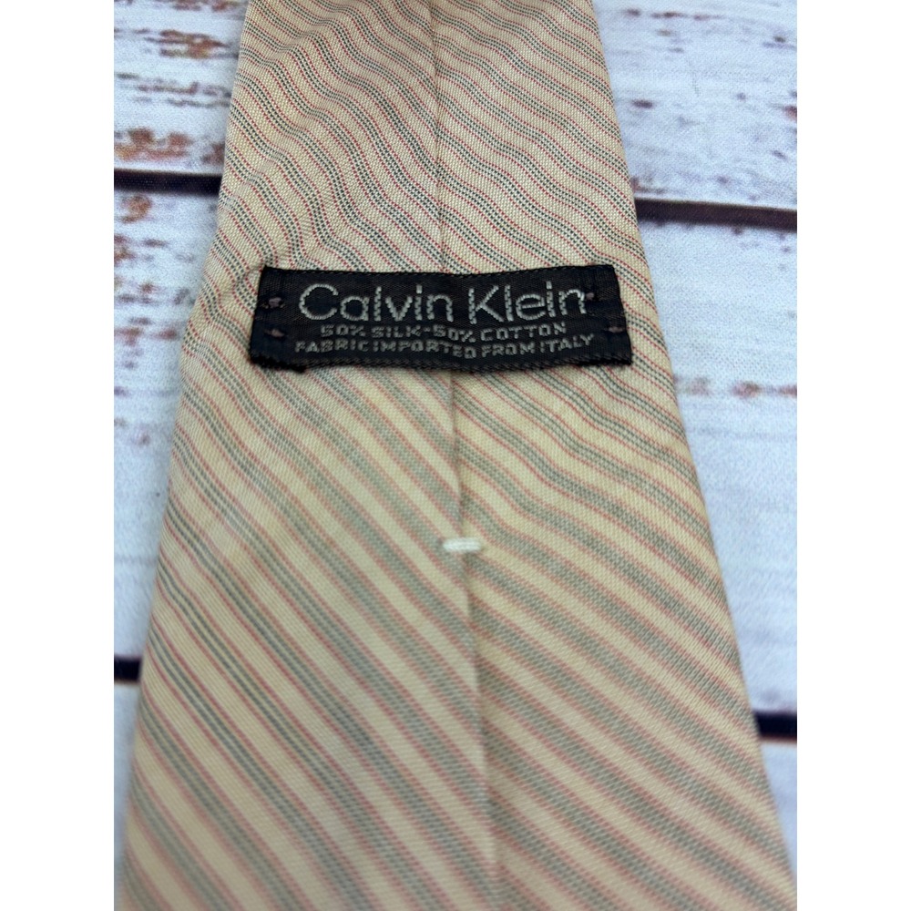 VTG Calvin Klein Mens Tie Tan Red Green Striped Silk Cotton Blend Italian Fabric - Picture 4 of 5